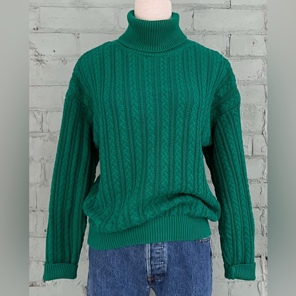 Vintage Green Cable Knit Cotton Turtleneck Sweater
